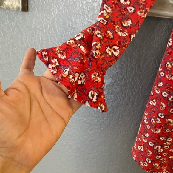 FP  Mini Dress Floral Print Long Ruffle Sleeve Red - Picture 3 of 8
